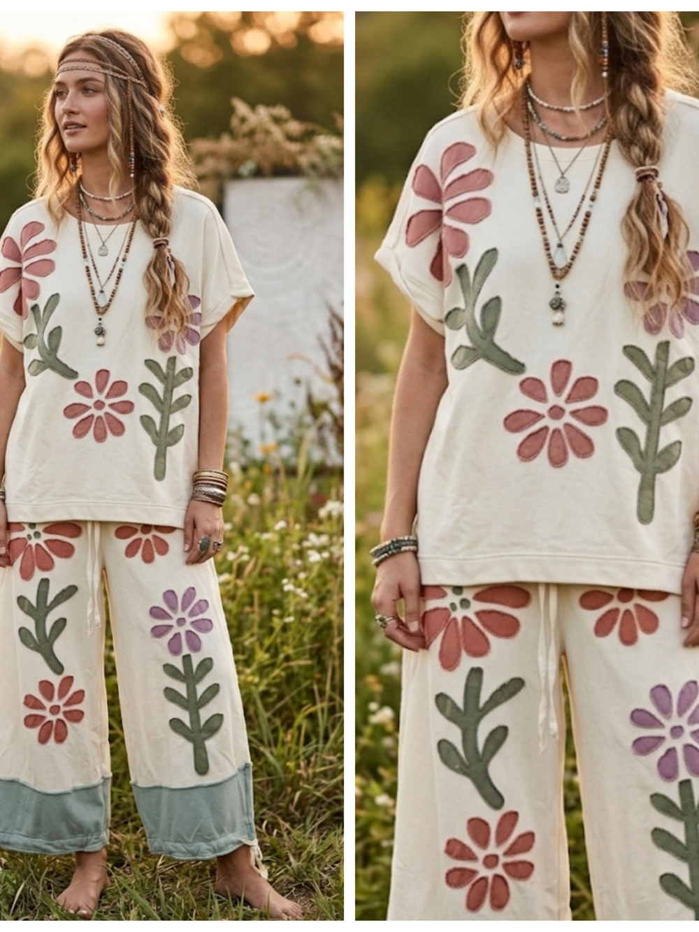 Cream Floral Appliqué Lounge Set - Boho Flower Top & Pants